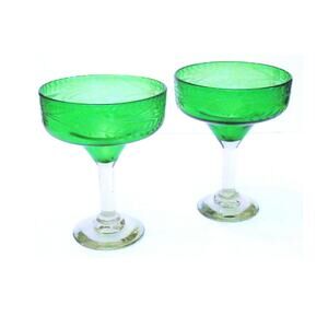 Hand Blown Margarita Glasses 2 Artisan Etched Glass Green Bowl 6.5" Clear Stems